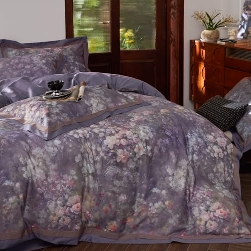VM VOUGEMARKET Garden Flower Bedding Set King Smooth Long Staple Cotton Duvet Cover with Purple Floral Pattern Vintage Cottage Botanical Comforter Cover for Spring Summer