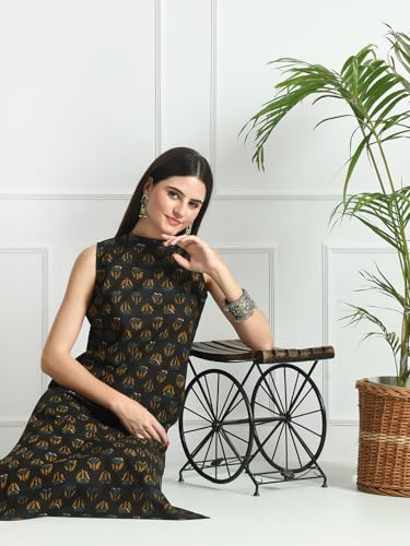 Image of feranoid Unique Printed Choker Neck Back Button Sleeveless Long Kurti