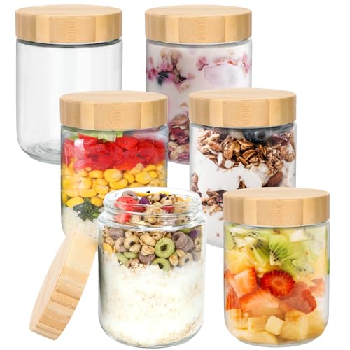 Mozvvco 6 Tarros de Comida Preparada 500ml Tarros de Avena con Tapa, 16oz Tarros de Cristal con Tapa de Rosca, Bote Cristal Hermetico para Yogur,Batido,Avena,Mermelada,Especias,Preparación de Comidas