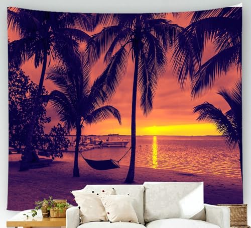 Tenture murale sapin coucher de soleil plage pour salon et chambre
