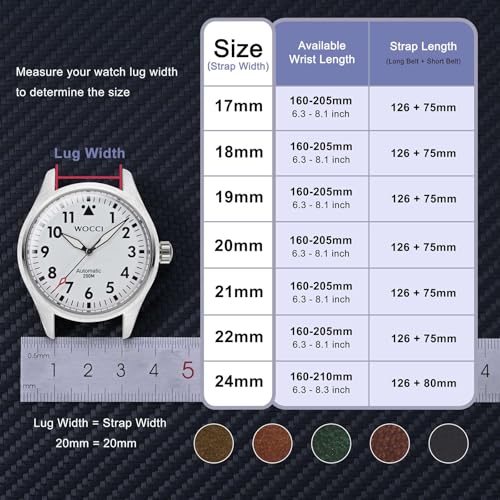 WOCCI 22mm Old-fashioned Watch Band for Men, Top Grain Leather, Silver Brushed Buckle (Caramel Brown)