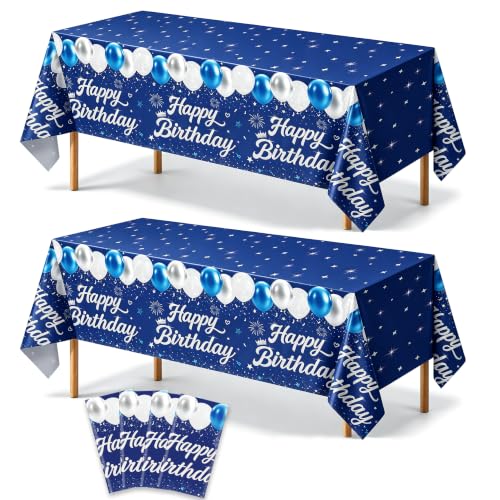Image of 4 Pack Blue and Silver Happy Birthday Tablecloths, 54 x 108 Inch Covers | Blue and Silver Birthday Party Decorations for Boys, Teens and Men, Ideal for Cake, Dessert, Gift and Buffet Tables