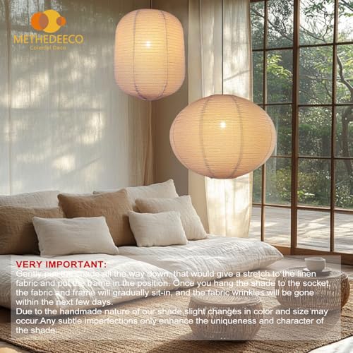 Image of METHEDEECO 2-Piece Hanging Lamp Shade Set, 1 Oval 20x15 in + 1 Cylinder 13.5x17 in, Faux Linen Fabric Pendant Light Shades, Foldable Minimalist Pendant Lantern Shades, Nature Beige, Shades Only