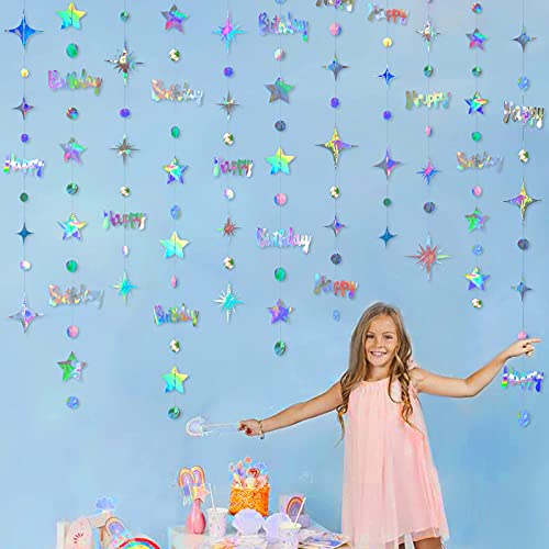 Iridescent Happy Birthday Decorations Happy Birthday Circle Dot Twinkle Star Garland Kit Metallic Holographic Hanging Streamer Bunting Banner Backdrop for Women Mens Kids Birday Party Supplies by pinkblume - Image 4