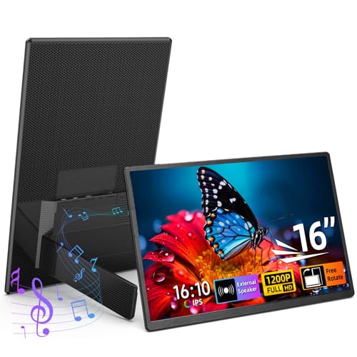 Image of Portable Monitor 16 inch 1200P FHD Laptop Screen Extender, Horizontal Vertical Monitors with External Speakers, 100% sRGB Plug & Play Computer Gaming Travel Second Screen for Wins Mac Phone PS5 Xbox