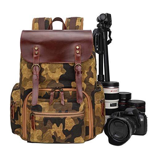 Wasserdicht Groß Kamerarucksack für Spiegelreflex, Stativ, 15 Zoll Laptop Fotorucksack aus Canvas Leder Vintage Rucksack (Braun Tarnung)
