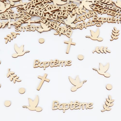 100 Pcs Confettis Bapteme en Bois, Decoration Table Bapteme, Baptême Confettis Décoration pour Baptême Baby Shower Fête Naissance Garçon Fille Communion
