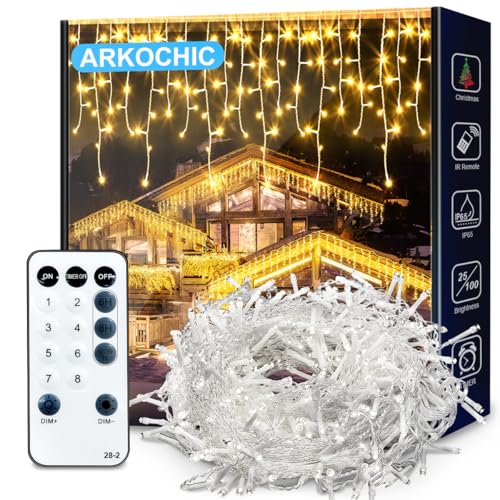 ARKOCHIC 10M Guirlande Lumineuse Rideau Noël Extérieur, 320LED Intérieur Guirlande Lumineuse Fenetre 8 Modes Étanche Décoration Noel pour Maison Mariage Balcon Chambre Jardin Patio Fête, Blanc Chaud