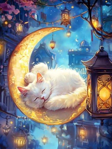 Pintura de diamante para niños y adultos con diseño de gato y luna en punto de cruz 5D