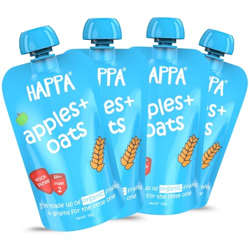 Image of Happa Organic Baby Food Apple and Oats Puree | 100% Fruits and Oats | No Added Sugar, No Milk Powder, No Preservatives | Stage 2 (6 Months+) | Ready to Eat | Free from Common Allergens | Pack of 4 (100g Each)