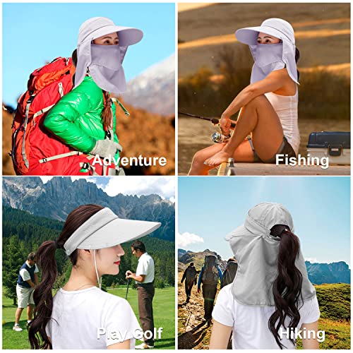 Image of Women Wide Brim Face Mask Sun Hat Detachable Neck Face Flap Ponytail UV Protection Visor Hat Garden Fishing Hiking