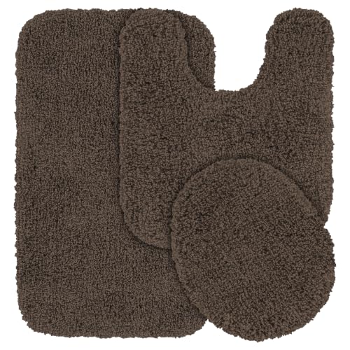 Garland Rug Serendipity Brown Chocolate 3 Piece Set (Toilet Cover Contour Rug Bath Rug) Shaggy Nylon Washable Bathroom Rug Set - Soft Absorbent and Stylish for Your Bathroom