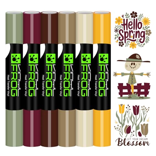 Image of VINYL FROG HTV Vinyl Bundle 6 Pack 12 inchx3ft Heat Transfer Vinyl for T Shirts | Yellow Maroon Camel Iron on Vinyl Compatible with Cutting Machine, Easy to Cut Peel Transfer HTV with Fabric Design