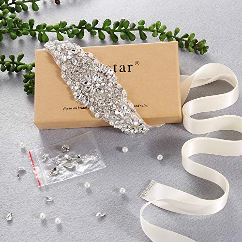 Yanstar Silver Crystal Beads Rhinestone Wedding Bridal Belt Sash With Navy Ribbon For Wedding Dress #TOP6