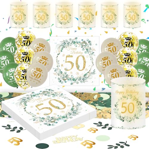 Deko 50. Geburtstag Frau Mann, Eukalyptus 50th Happy Birthday Decorations Servietten+Windlicht Tischdeko+Konfetti+Luftballon Grüne Gold, 50 Geburtstag Deko Männer Frauen (50th Birthday Tischdeko)
