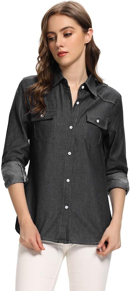 Aeslech Women's Chambray Button Down Shirt Long Sleeve Cotton Blouse Lightweight Denim Tops