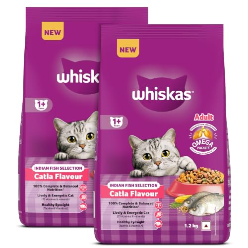 Image of Whiskas Adult (1+ Years) Dry Cat Food, Catla Fish Flavour, 1.2 kg, Powered with 40 Essential Nutrients, Complete & Balanced Nutrition for Adult Cats (Pack of 2)