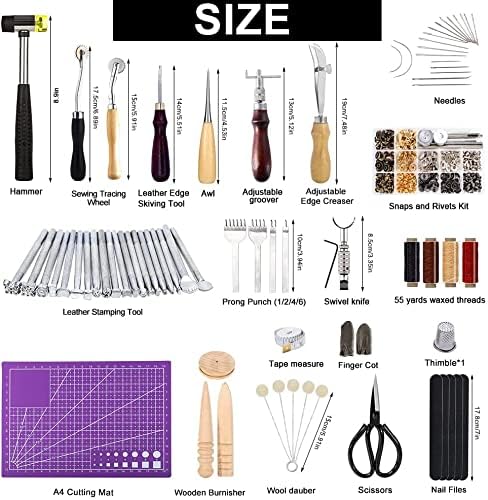 JUAYING 183Pcs Leather Kits, Leather Craft Tools Set Including Leather Stamping Tools, Leather Punch, Waxed Thread, Leather Rivets, Cutting Mat and Other Tools for Leather Making, Sewing, Punching