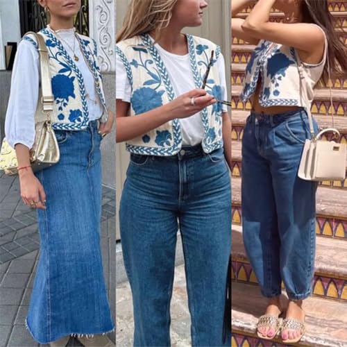 Embroidered Vest Tops for Women Vintage Sleeveless Floral Open Front Boho Cardigan Vest4