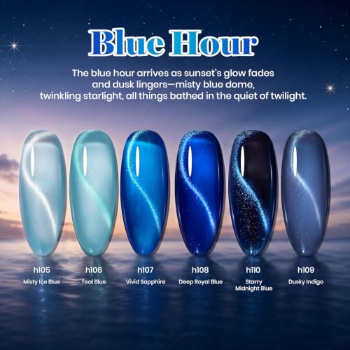 Image of Beetles Blue Cat Eye Gel Nail Polish Set - Blue Hour 6 Colors 15ML Full Size Glitter Gel Polish Kit Glass Cat Eye Magnetic Effect Soak Off UV Nail Art DIY Salon at Home Gift for Women