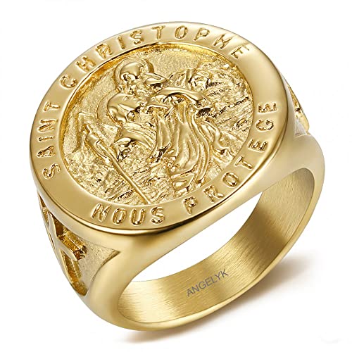 BOBIJOO Jewelry - Bague Chevalière Homme Saint Christophe Nous Protège Patron des Voyageurs Acier Or Plaqué Doré 316L - 71 (13 US), Doré Or Fin - Acier Inoxydable 316