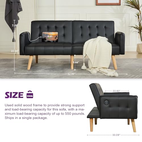 Image of TYBOATLE Faux Leather Convertible 65'' Folding Futon Sofa Bed w / 2 USB, Loveseat for Small Space, Apartment, Dorm, Living Room, Office, Black