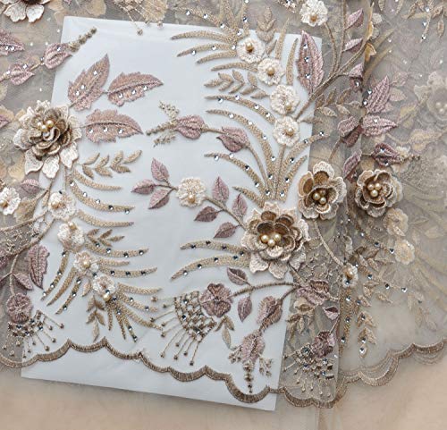 Sanvera17 Applique African Lace Fabric 3D Lace Material Net Lace Fabric French Tulle Lace For Wedding Dress (Beige) 5 Yards #TOP1