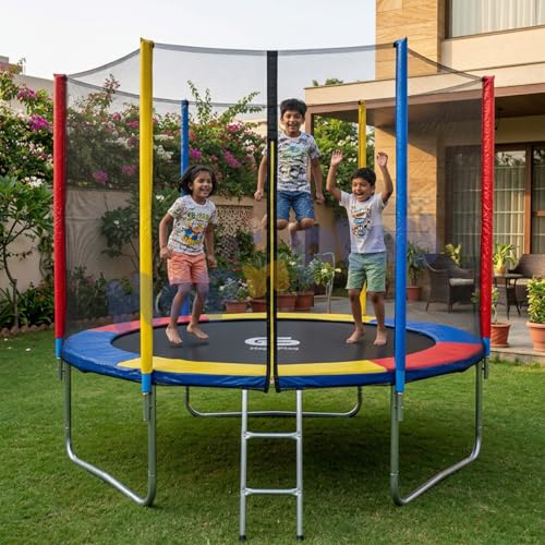 Image of Hop N Play 8FT Trampoline for Kids & Adults with Safety Enclosure Net | Heavy Duty Indoor & Outdoor Jumping Jhula | 150kg Capacity | Safety Pad, Poles, Ladder & Mat - Rainbow Design