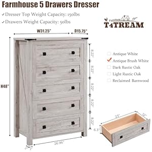 T4TREAM Farmhouse 5 Drawers Dresser Chests for Bedroom Wood Rustic Tall Chset of DrawersDressers Organizer for Bedroom Living RoomHallway Antique Brush White