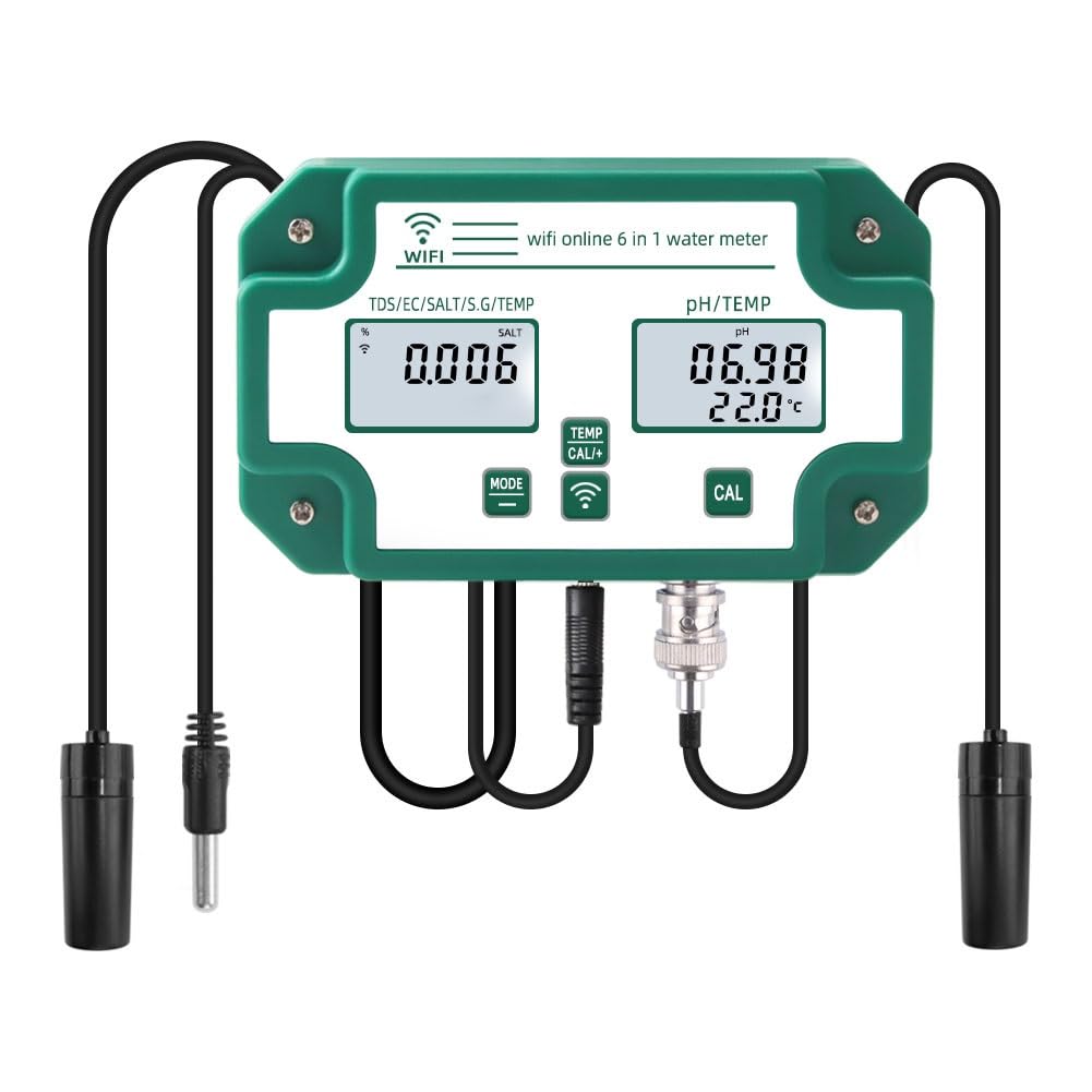 Probador de calidad del agua 6 en 1, monitor de calidad del agua inteligente WiFi, medidor de prueba de temperatura PH EC TDS (PPM) Salt SG, control de aplicaciones, probador de montaje en pared