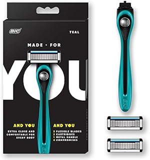 Made For You by BIC Shaving Razor Blades for Every Body - Men & Women, with 2 Cartridge Refills - 5-Blade Razors for a Smooth Close Shave, TEAL, Kit