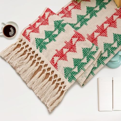 Rustic Christmas Tree Pattern Table Runner – Fall Table Runner Cotton & Linen with Tassel Fringe Christmas Table Runners Perfect for Farmhouse Decor Fall Kitchen Decor Baby Shower Decorations