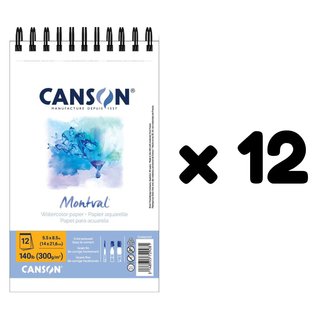 Canson Artist Series Montval Aquarell-Künstlerpapier für Erwachsene und Studenten, 14 x 21,6 cm, Weiß, Kaltpresse, 63,5 kg (300 g/m²), Drahtbindung, 12 Blatt/Block, Box mit 12 Blöcken, insgesamt 144