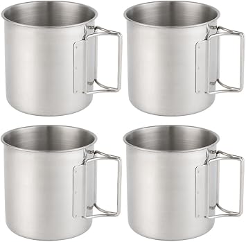 Stainless Steel Camping Mugs Outdoors Drinking Cup Picnic Mug with Foldable Handle Geat for Picnic,Hiking, Backpacking and Outdoor Activities, 4 Pack 22.3oz/ 660ml
