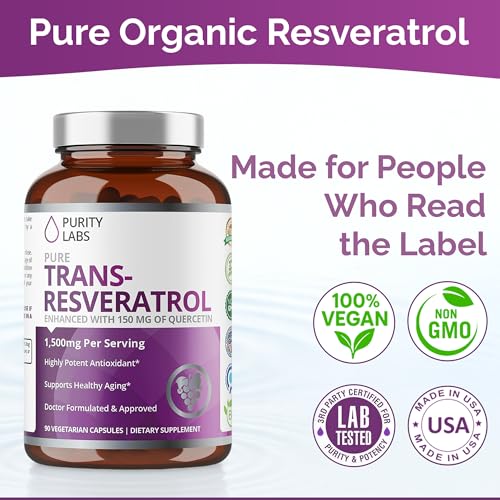 purity labs pure organic trans resveratrol supplement with quercetin vegan antioxidant nutritional supplements for heart skin hair nails  sourced from japanese knotweed  90 capsules