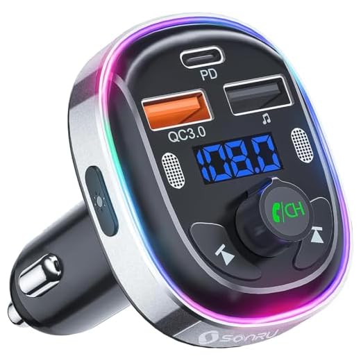 Bluetooth Car Adapter, SONRU FM Bluetooth 5.3 Transmitter for Car [Stronger Dual Mics + Metal Shell] 30W PD&QC3.0 Support Handsfree Call, Siri Google Assistant, 7 Color Lights, LED Voltmeter & U Disk