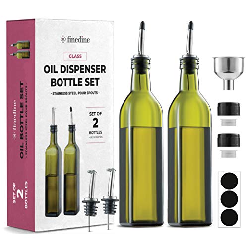 Superior Olive Oil Dispenser Set - Slim Dark Green Design Oil and Vinegar Dispenser - Funnel For Easy Refill - Oil Dispenser Bottle For Kitchen With 4 Pouring Spouts and Labels - Glass Oil Bottle Set.