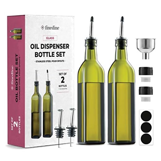 Superior Olive Oil Dispenser Set - Slim Dark Green Design Oil and Vinegar Dispenser - Funnel For Easy Refill - Oil Dispenser Bottle For Kitchen With 4 Pouring Spouts and Labels - Glass Oil Bottle Set.