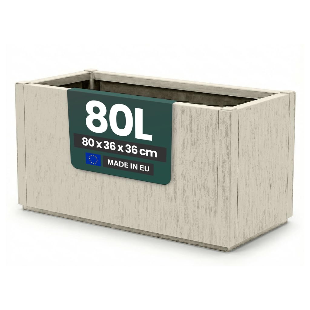 Kreher® XL Pflanzkasten Blumenkasten im Struktur-Design aus Kunststoff Maße BxTxH in cm: 80 x 36 x 36 cm. (Beige)