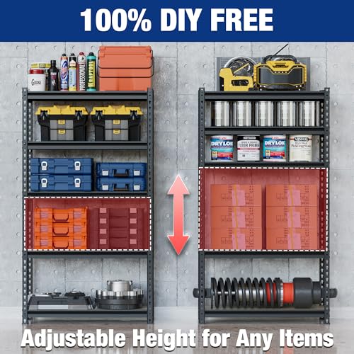 Image of WORKPRO 5-Tier Storage Shelf, 72 inch H Heavy Duty Adjustable Garage Shelving Unit 2180LBS Capacity, for Basement, Kitchen, Pantry, 27.6 inchWx11.8 inchDx60 inchH, Black