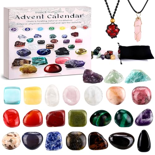 Acsatont Calendrier de L'avent 2025 Enfant Cristaux, Cadeau de Surprise de Noël, Calendrier de L'avent avec 24 Pierres Précieuses Naturelles et Collier pour Enfant et Filles Garçons