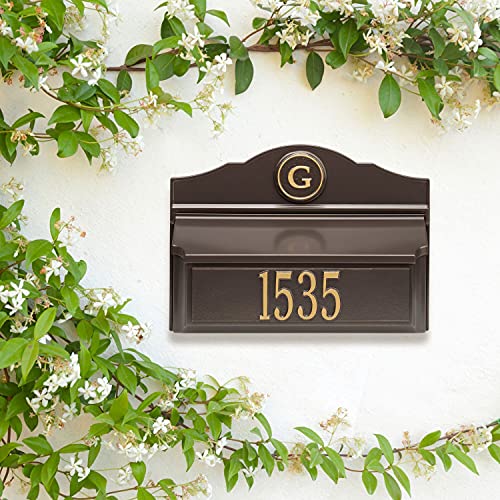 Whitehall Custom Wall Mount Mailbox Package - Mail Box, House Number Address Plaque And Monogram, Sand Cast Aluminum, Classic Design Bronze Personalized In Goldtone #TOP4