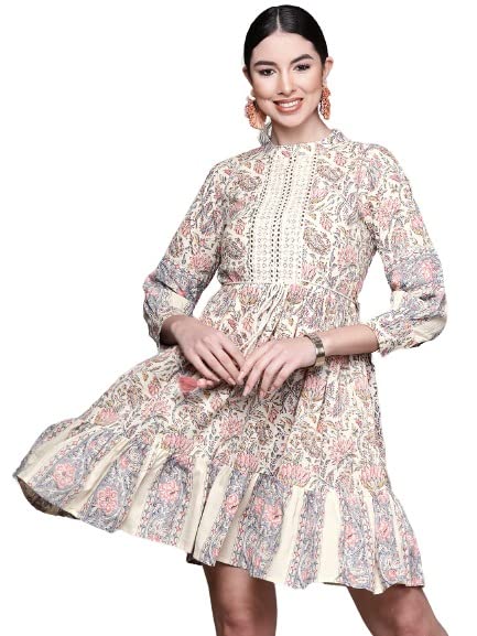 Anubhutee Women's Cotton Off White Mirror Work Printed A-Line Indo Western Dress