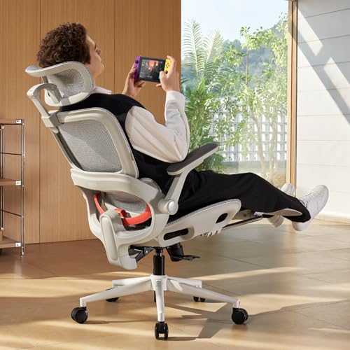 Image of SIHOO B100 PRO Ergonomic Office Chair with Footrest, Mesh Office Chair with Adaptive Lumbar Support, Computer Chair with Wide Headrest, Desk Chair with 360 Rotatable Flip-Up Armrests, Light Grey