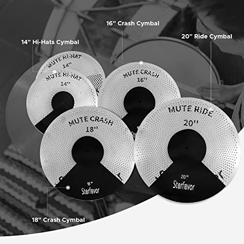 Starfavor Low Volume Cymbal Pack Mute Cymbal Set With Cymbal Mute Pads, 14"Hi-Hat/16"Crash/18"Crash/20"Ride Practice Cymbals For Drummers, With Cymbals Bag, Silver, Mc-520S #TOP3