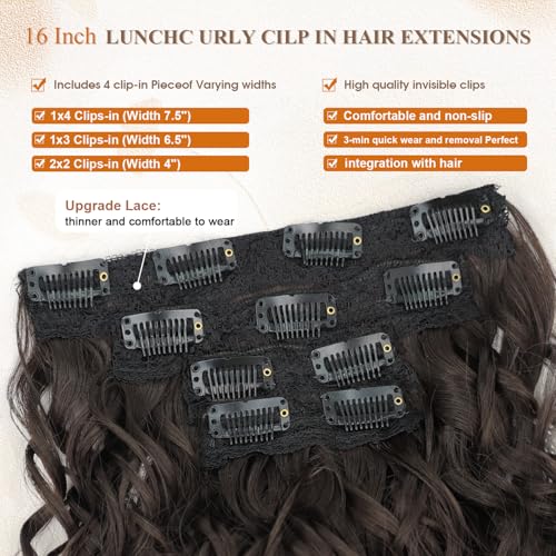PHADRIA Clip in Curly Synthetic Hair Extension 16 Inch Dark Brown 4PCS Thick Hairpieces Fiber Double Weft Hair for Women — view 3