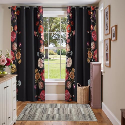 Image of BFAM Floral Print 100% Blackout Curtain with Black Linning at Back,Border Flower Print Curtains for Living Room /Bedroom Thermal Insulated Energey Saving 9 Feet Pack of 1 Curtain