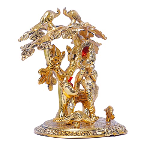 Image of KridayKraft Krishna Playing Flute with Kamdhenu Cow Standing Under Tree Metal Statue for Pooja & Home Office Religious Idol Decorative Showpiece Table Top Figurines Murti for Decoration & Gift Purpose