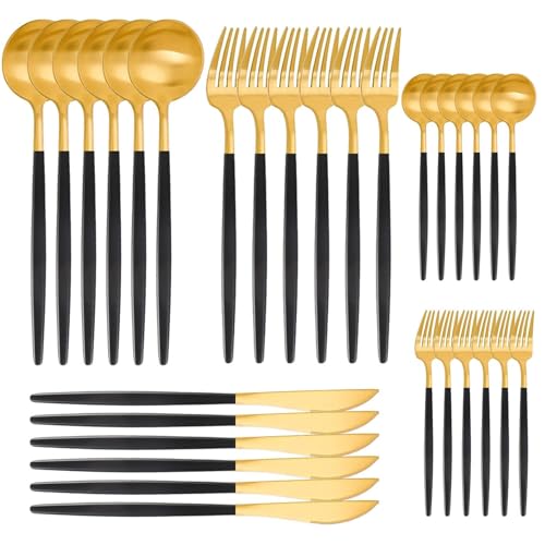 AIBAOBAO 30 teilig Besteckset für 6 Personen, Besteckset, Besteck aus Edelstahl mit Messer Gabel Löffel, Schwarzes Gold Besteck Set, Gabeln,...