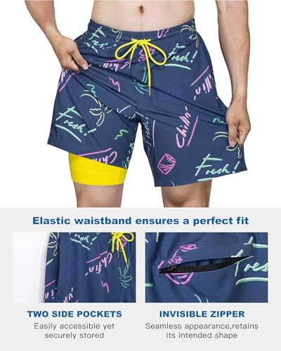 Image of SURF CUZ Mens Swim Trunks with Compression Liner Swim Shorts 7 inch Swimming Trunks Stretch 7 Inch Swim Suits Quick Dry
